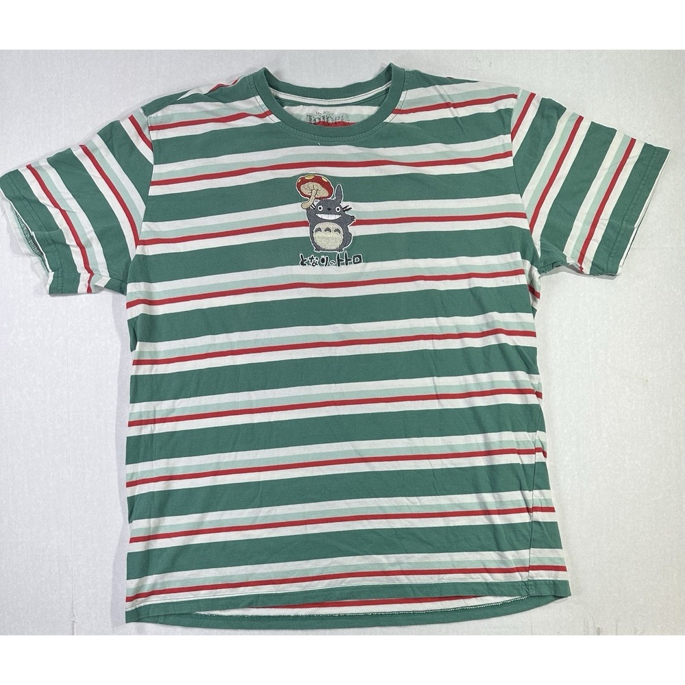 Totoro Striped T-Shirt Large Green Red White Anime Studio Ghibli Graphic Tee